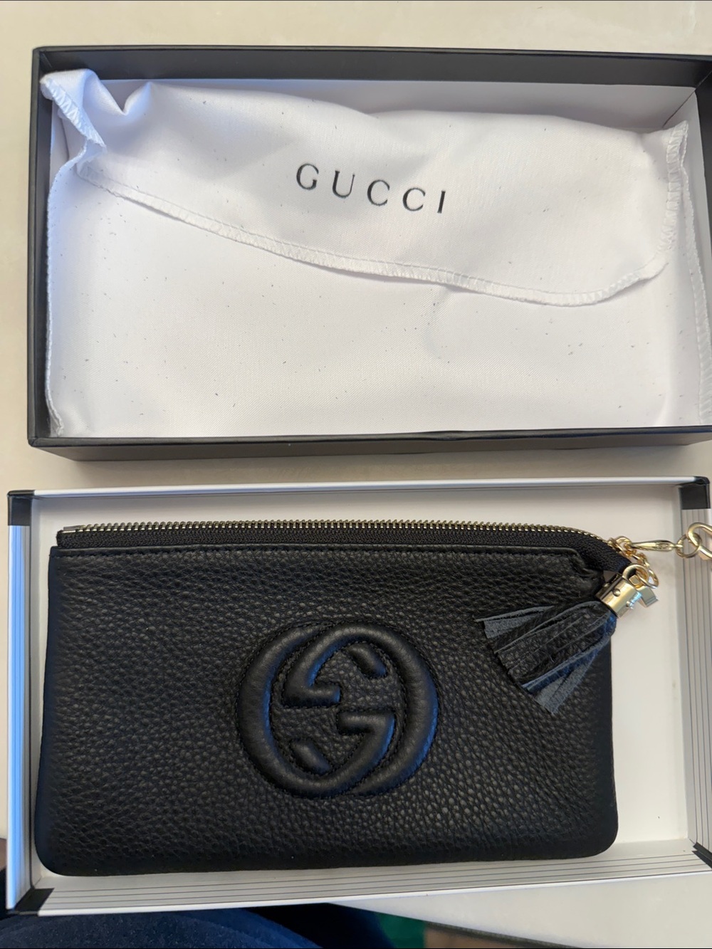 Gucci Black Pebbled Leather Zip Card Holder with Tassel